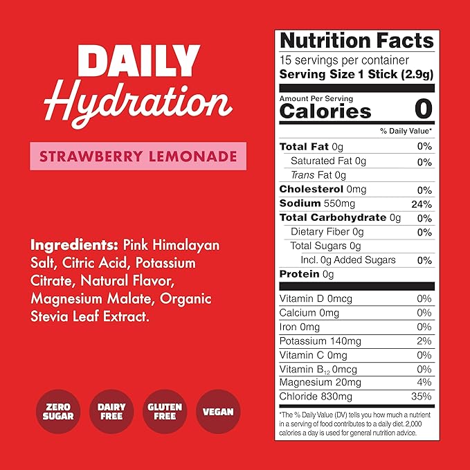 Waterboy Daily Hydration | 1,570mg Electrolyte Powder Packets | No Sugar, All Natural, Gluten Free, Zero Calories | 15 Drink Stick Mixes (Strawberry Lemonade)