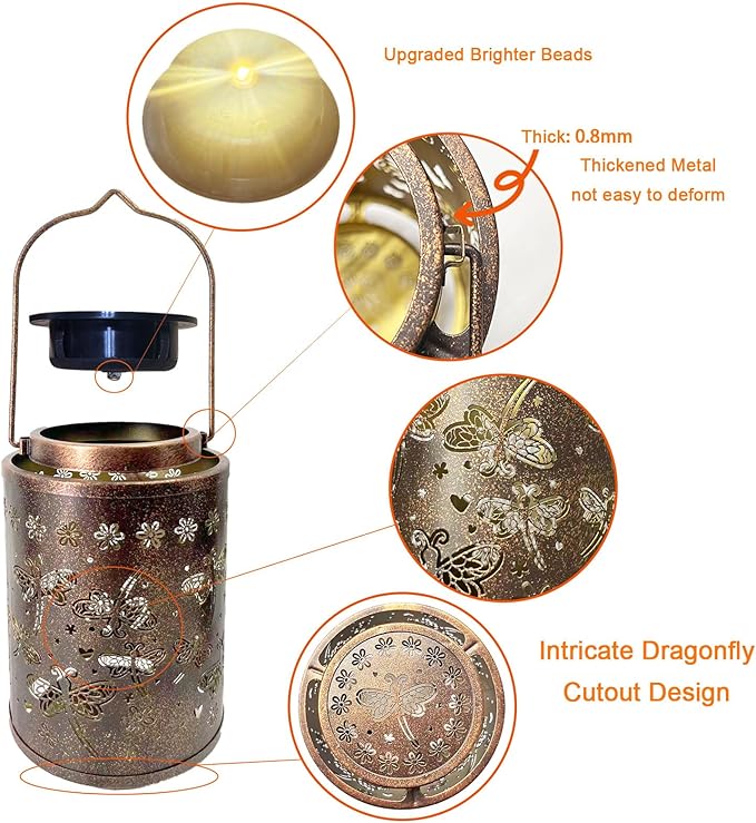 2025 Upgraded Dragonfly Solar Lanterns Outdoor Waterproof Hanging Lights, Hollowed-Out Metal Solar Lantern for Garden, Patio, Porch, Yard Decorations & Gifts for Women, Mom, Grandma