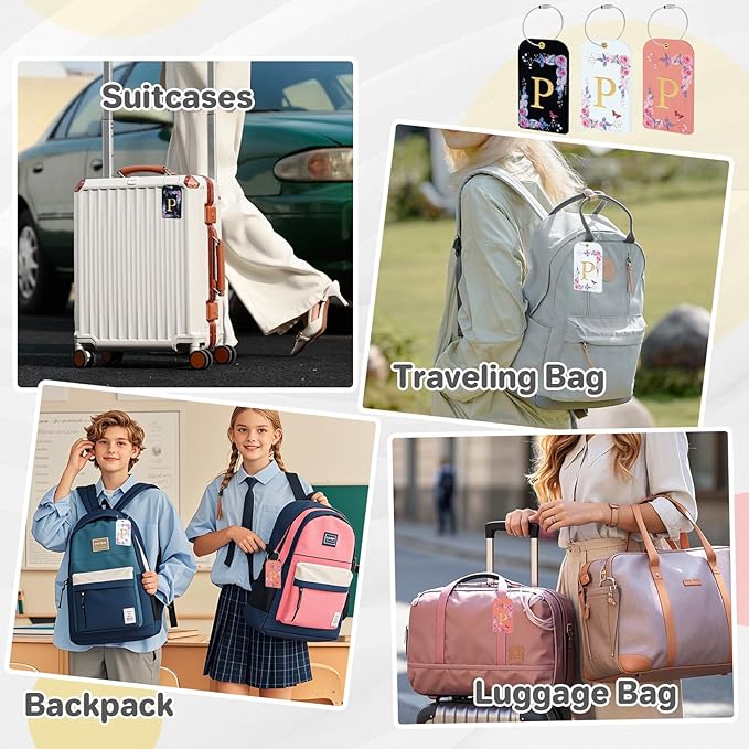 3 Pack Luxury Floral Luggage Tags, Durable PU Leather Suitcase Tags with Stainless Steel Cable Strap, Hidden ID Slot for Privacy Protection, Easy to Identify Waterproof Travel Accessories Gift (P)