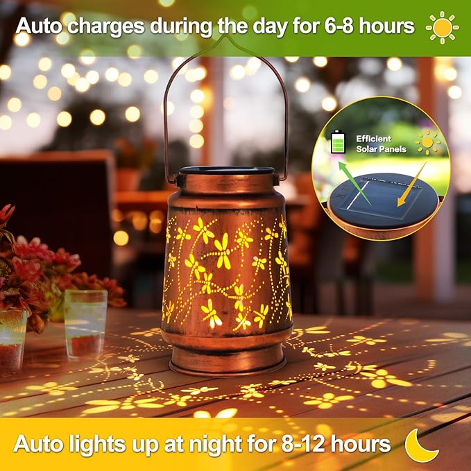 2 Pack Dragonfly Birthday Gifts for Women Mom Grandma Solar Lanterns Outdoor Waterproof Garden Decor Metal Hanging LED Decorative Light for Patio Yard Lawn Backyard Front Porch Gardening Gifts