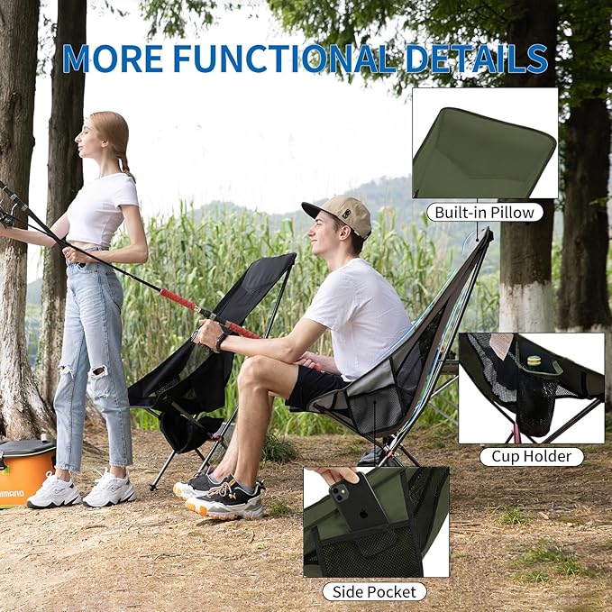 SHALLWE Camping Chairs, All Aluminum Frame Portable Folding Camp Chair for Adults, Heavy Duty High Back Collapsible with Built-in Pillow, Side Pocket, Carry Bag for Backpacking, Hiking, Beach