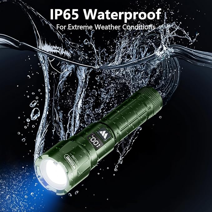 WdtPro LED Rechargeable Flashlight 2 Pack, Super Bright Zoomable 6000 Lumens Tactical Flashlight with LCD Digital Display, 3 Mode Waterproof Flash Light for Camping, Hunting & Home Emergency - Green