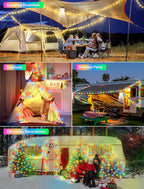 2Pack Camping String Lights, 4 in 1 Quick Storage Camping Essentials Gear 32.8FT Rechargeable Tent Lights with 9 Modes Warm +RGB Waterproof Camp Lamp for Hiking Patio Garden Festival Outdoor Decor