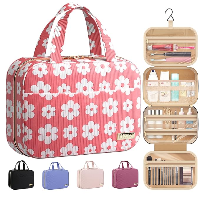 HOTOR Travel Toiletry Bag - Hanging Toiletry Bag for Women & Men, Makeup Bag/Big Comparment, Waterproof for Travel Accessories, Travel Essentials, Medium, Pink with White Daisy