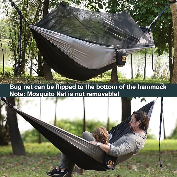 Camping Hammock with Net,Portable Lightweight Double Hammocks with Tree Straps and Solid D-Shape Carabiners,Parachute Nylon Hammock for Backpacking Beach Backyard Patio Hiking Black&Grey