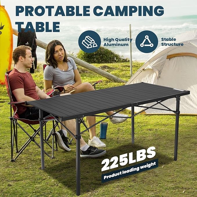 WILDROOTS Folding Camping Black Table with Carry Bag, Roll Up 4-6 People Portable Camp Square Tables for Picnic, Cooking, Beach, Travel, BBQ (XL