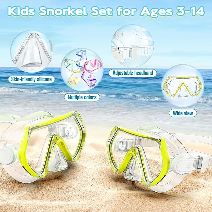 Snorkeling Gear for Kids, Kids Snorkel Set for Ages 3-14, Anti-Fog Diving Mask and Dry Top Snorkel Combo Set, Unisex Swimming Goggles