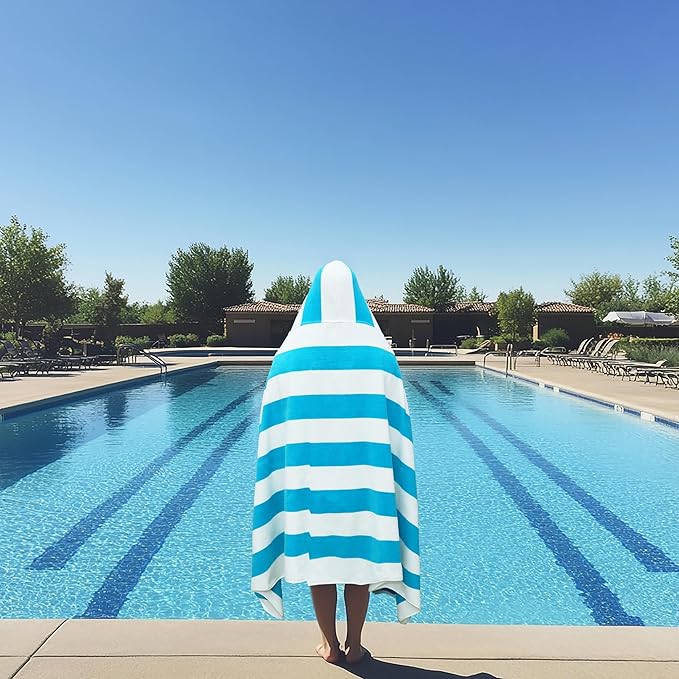 COTTON CRAFT Hooded Beach Towel – Oversized 35 x 70 Towel with Hood for Adults - 100% Cotton Velour Dobby Terry Towel - 450 GSM Pool Bath Wrap - Soft Absorbent Quick Dry – Cabana Stripe Aqua