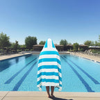 COTTON CRAFT Hooded Beach Towel - Oversized XXL 35x84 Towel with Hood for Adults - The Big Kahuna 7 Foot Beach Blanket Towel - Big & Tall Soft 100% Cotton Velour - Pool Bath Wrap - Cabana Stripe Aqua