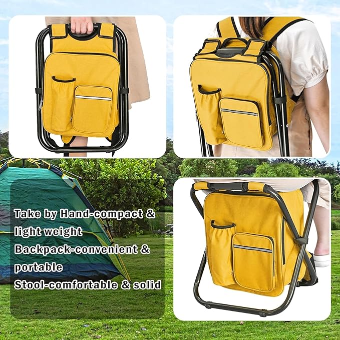 Kikerike Backpack Stool Cooler Chair Heavy Duty 400 LBS Max Load Portable Lightweight Stool Backpack Folding Fishing Cooler Seat for Camping Hunting Fishing - Yellow