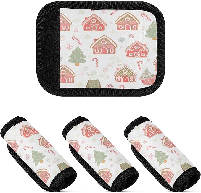 4 Pack Gingerbread Houses Luggage Handle Wrap, Detachable Luggage Tag, Neoprene Suitcase Wrap with Comfort Grip & Bright Identifier for Suitcase, Travel Bag, Sports Bag