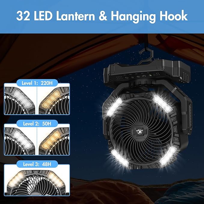 40000mAh Battery Powered Camping Fan - 136H Max Cooling, Rechargeable Battery Operated Oscillating Floor Fan with Charger, Remote & Hook, Portable for Tent Outdoor Patio Garage Hurricane Power Outage