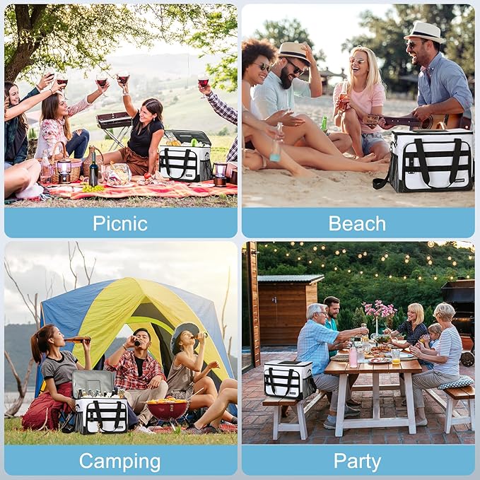 Soft Cooler Bag, 30 Cans Collapsible Cooler with Adjustable Shoulder Straps, White Ice Chest for Camping, Beach, Hiking, Picnic