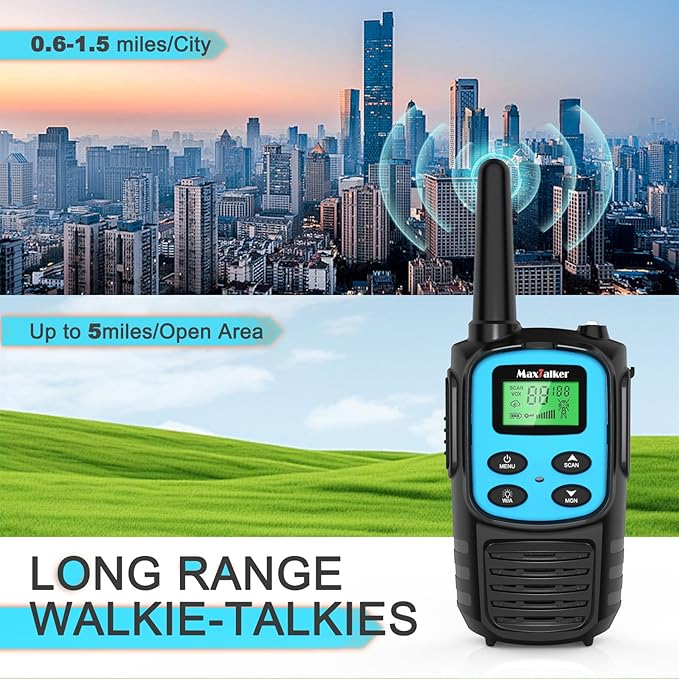 MaxTalker Walkie Talkies Long Range for Adult, MT10 Rechargeable Walkie Talkies FRS Two Way Radio, NOAA, 1200mAh Li-ion Battery USB-C Cable, LED Flashlight,VOX Walkie Talkie for Camping 2Pack (Blue)