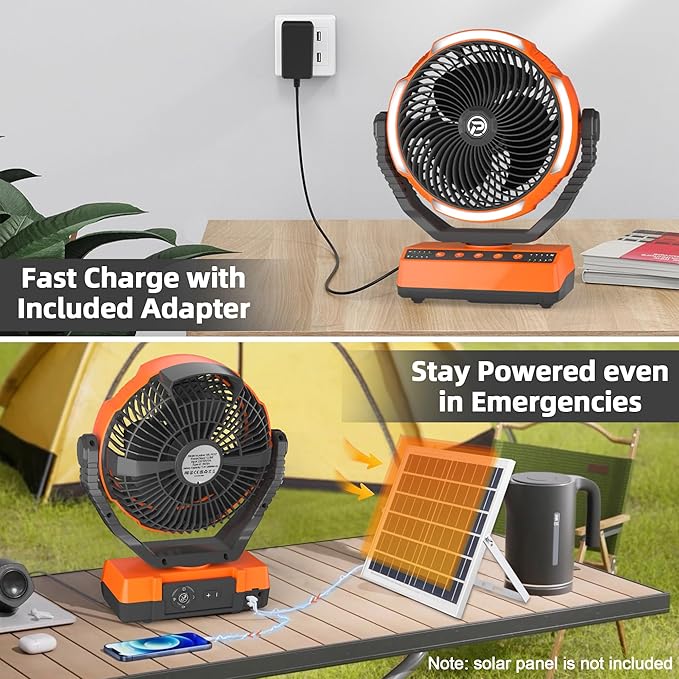 PANERGY Camping Fan with Light - 20000mAh Rechargeable Battery Fan with Charger, 70Hrs Cooling Time, 4 Speeds, 110° Auto Oscillation & 270° Pivot Design with Hook for Camping/Power Outage/Hurricane