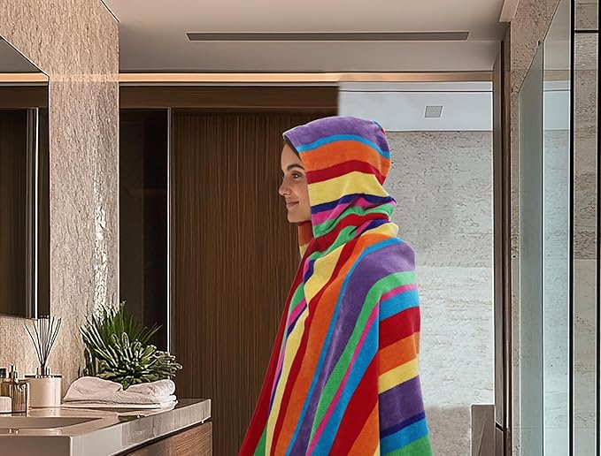 COTTON CRAFT Hooded Beach Towel – Oversized 35 x 70 Towel with Hood for Adults - Summer of Siam - 100% Cotton Velour Dobby Terry Towel - Soft Absorbent Quick Dry - Pool Bath Wrap – Multicolor Stripe