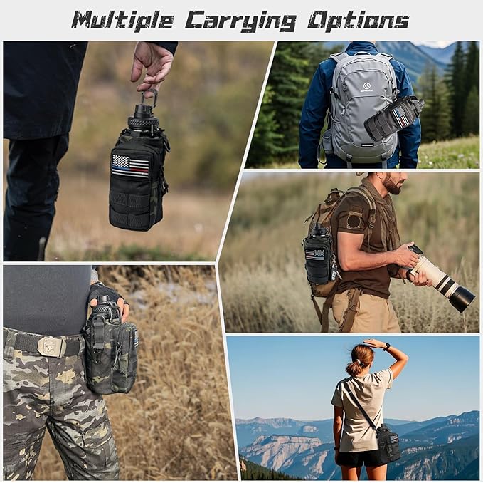 32 oz Insulated Water Bottle Stainless Steel with Sleeve - Military Metal Water Jug, For Gym Workout Hiking, Camo Black Water Bottle Pouch