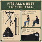 Foldable Tripod Stool - Ultra Portable Seat for Tall People, 20” High - Hunting Chair & Hidden Zippered Pocket - 2 lb Camping Stool, 3 Legged Strong Steel Stool Holds up to 200 lb (Black)