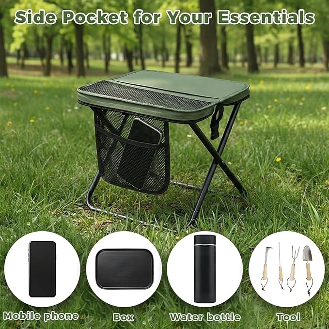 12" Portable Collapsible Stool - Folding Chair with Storage Pouch, Convertible Satchel for Hands-Free Carry & Supports 265Lbs, Ultralight for Hiking, Fishing, Camping, Festivals (Green, Standard)