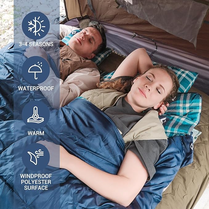 KingCamp Double Sleeping Bag for Adults, Queen Size 2 Person XXL Flannel Sleeping Bag, Waterproof Lightweight Flannel Quilt with 2 Pillows, Perfect for Couples Family Camping Hiking