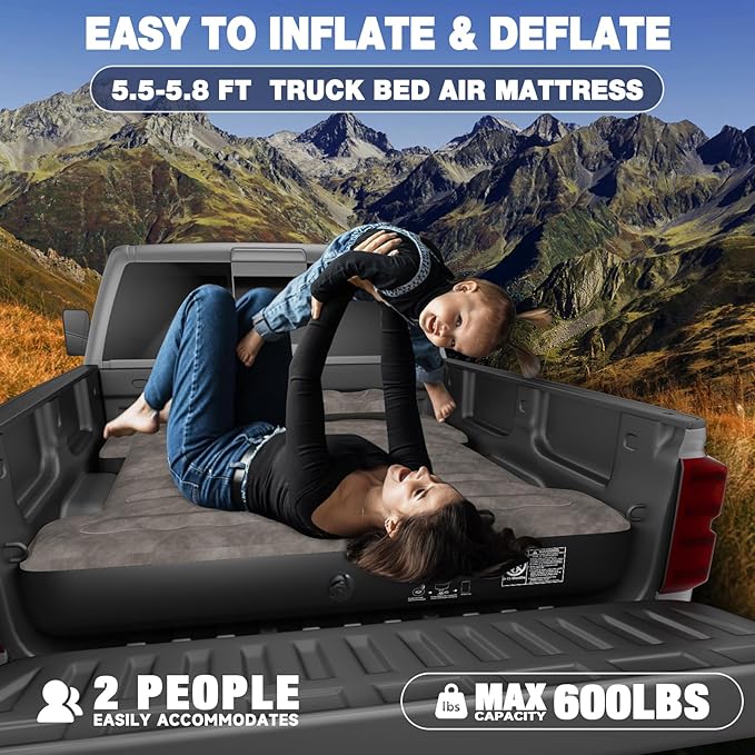 Truck Bed Mattress 5.5-5.8ft: Inflatable Air Mattress for Camping Short Truck Bed 2 Person, Air Pump 2 Pillows, Carry Bag, Khaki