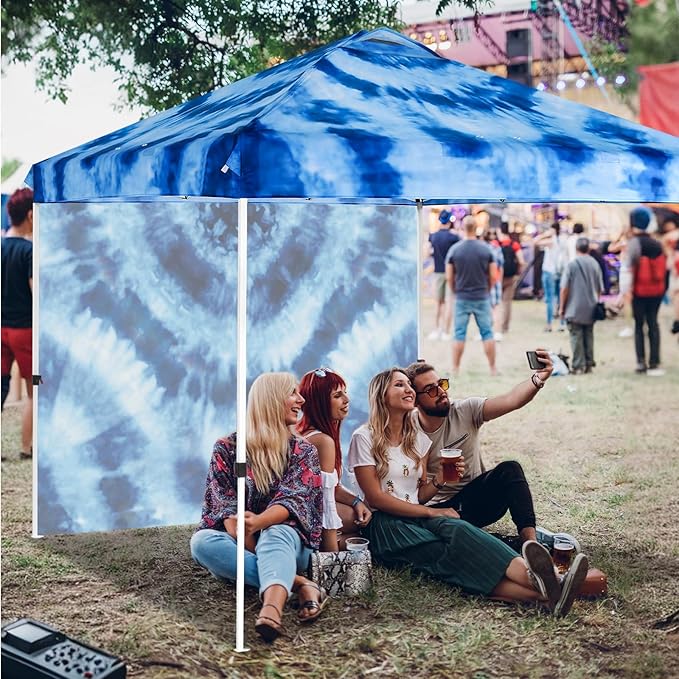 EAGLE PEAK Pop Up Canopy Tent with 1 Sidewall, Easy Setup Event Tent, Outdoor Sun Shade, Wheeled Carry Bag, Stakes and Guy Ropes, Instant Canopy 10x10, Tie Dye Blue