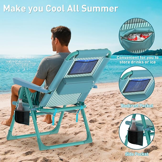 Suteck Backpack Beach Chair for Adults - 6-Position Folding Reclining Chair with Cooler Bag & Cup Holder, Lightweight Portable Beach Chair for Camping, Outdoor, Sand, Travel Use