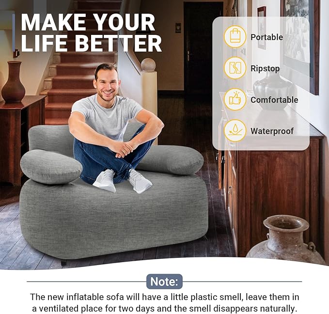 KingCamp Inflatable Couch for Camping, Portable Foldable Eco-Friendly Reach-Certified PVC Liner Air Lounger Blow Up Sofa with Foot Pump, Pegs, Repair Kit & Removable Cover