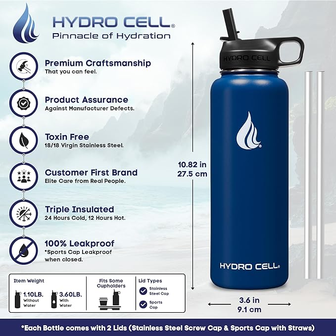 HYDRO CELL Stainless Steel Insulated Water Bottle with Straw - For Cold & Hot Drinks - Metal Vacuum Flask with Screw Cap and Modern Leakproof Sport Thermos for Adults (Navy 40oz)