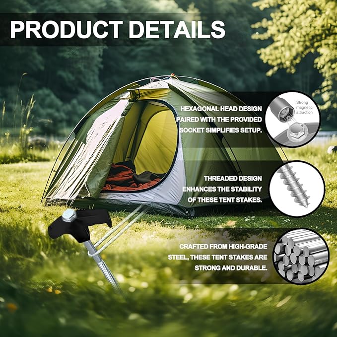 16 Pack Screw in Tent Stakes Heavy Duty,8 Inch Ground Anchors Screw in,Metal Stakes with Hex Head Driver,Camping Tent Accessories.(Black)