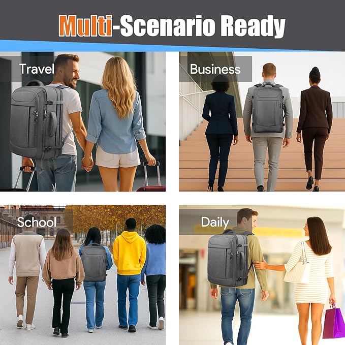 Carry On Backpack, Travel Laptop Backpack, Expandable 40-50L Large Luggage TSA Flight Approved Anti-Theft Laptop Bag, Sturdy 17 Inch TSA Friendly Water Resistant Business Bag for Men, Grey