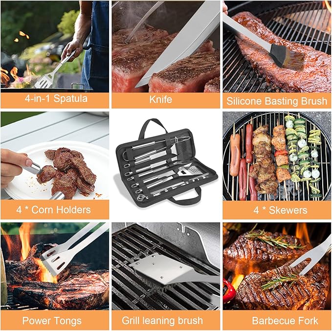 Anpro Grilling Accessories Grill Kit- Grill Set, Grilling Utensil Set, BBQ Accessories, BBQ Kit, BBQ Grill Tools, Grilling Gifts for Father's Day, Smoker, Camping, Kitchen,21 PCS-Standard Silver