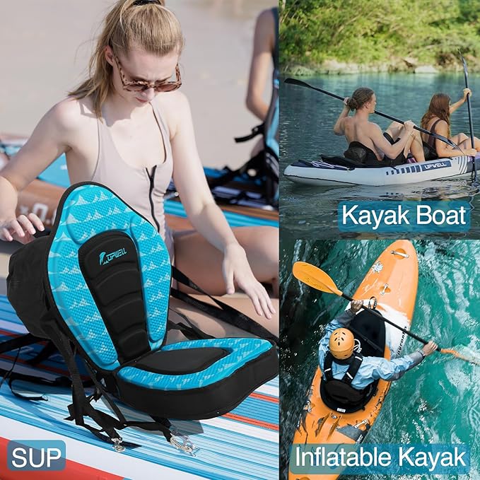 UPWELL Universal Kayak Seat with Detachable Storage Bag & 4 Adjustable Strap, Paddle Board Seat with Memory Foam Padded and Backrest for Kayak, Canoe, Sup
