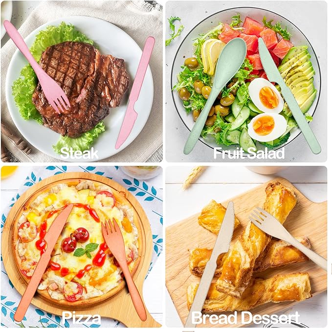 Reusable Travel Utensils Set with Case, 4 Sets Wheat Straw Portable Knife Fork Spoons Cutlery, Eco-Friendly BPA Free Plastic Tableware for Kids Adults Travel Picnic Camping Utensils