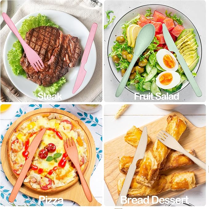 Reusable Travel Utensils Set with Case, 10 Sets Wheat Straw Portable Plastic Fork Spoons Knife Camping Cutlery, Eco-Friendly BPA Free Lunch Tableware for Kids Adults Travel Picnic Utensils