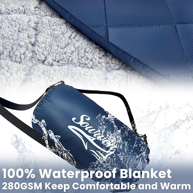 Waterproof Outdoor Blanket 82”X 55” Packable, Stadium Blankets for Camping with Sherpa Fleece Lining, Large Windproof Emergency Throw Mat for Garss Picnic Hiking Road Trip, Machine Washable, Navy
