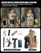 Tactical Half Gallon Water Bottle with Straw, 64 oz Insulated Water Jug with Molle Sleeve, Stainless Steel Sport Bottle with 3 BPA Free Lids for Gym Workout Hiking (Brown, 64OZ)