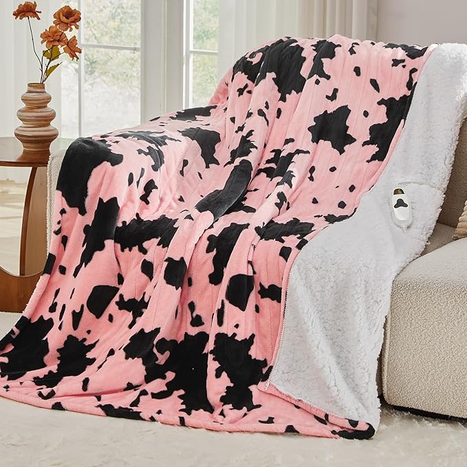 Cow Print Heated Electric Blanket Full Size,72X84 Light Pink Heating Blanket with 10 Heats Levels & 8 Hours Auto Off,Highland Cow Fleece Sherpa Blankets Warmer Gifts for Women Adults,Washable,ETL