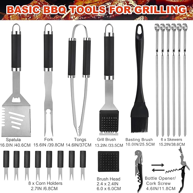 Grilljoy BBQ Accessories Grill Tools Set - 22PCS Stainless Steel Barbecue Grill Accessories for Outdoor Grill with Black Aluminum Case - Grilling Gifts for Men Dad -Grill Tools Kit