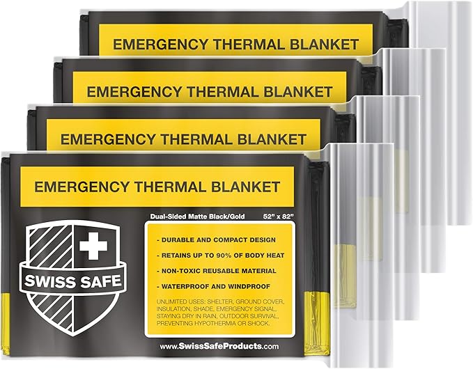 Swiss Safe 4 Pack Mylar Emergency Blankets for Survival - Compact & Insulated for Cold Weather - Designed for NASA, Outdoor, Running, Camping, Survival, First Aid Car Kit - Black & Gold, 4 Pack