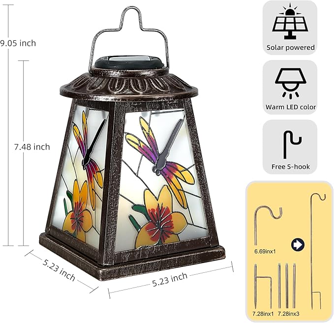 Solar Lantern with Shepherd Hook, Hanging Lantern with LED Lights, Outdoor Waterproof Solar Lanterns Metal Lamp Decoration Garden Patio Yard Pathway, Gifts for Mom Grandma Women, Dragonfly