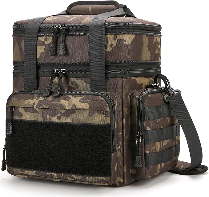 Tactical Lunch Box for Men, Insulated Bag Adult, Thermal Lunchbox Leakproof Waterproof Cooler Bag, Dual Compartment Tote, Large Pail Work Office Camping Travel(Black Camo)