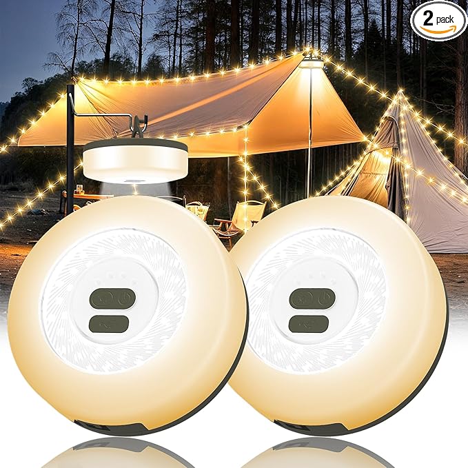 2Pack Camping String Lights, 4 in 1 Quick Storage 32.8FT Rechargeable Tent Lights with 6 Modes Hanging Waterproof Camp Lamp Camping Essentials for AwnTent Hiking Garden Bedroom Festival (Warm White)