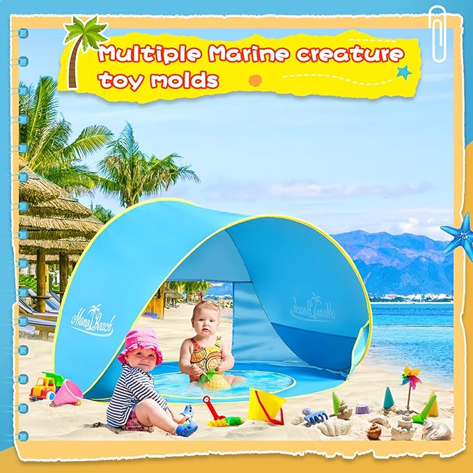 Monobeach Baby Beach Tent with Beach Sand Toys Pop Up Portable Shade Pool UPF50+ UV Protection Sun Shelter for Infant with Easy Set Up Canopy (Blue with Toys)