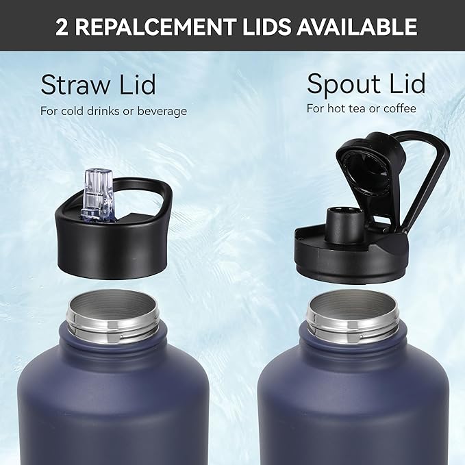 HASLE OUTFITTERS Half Gallon Insulated Water Bottles 64 oz, Stainless Steel Metal Water Jug with 2 Lids Keep Cold 48h/Hot 24h, Leak Proof & BPA-Free Water Flask Jug(Navy,1)