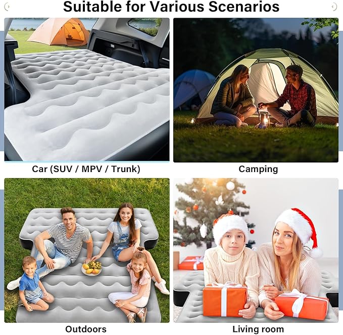 Coverado SUV Air Mattress, Thickened Flocked-Top Car Air Mattress with Wireless Built-in Pump, Pillows, Patch Kit & Carry Bag, Quick&Easy Set Up, SUV Mattress Camping Bed Universal fit for Most Cars