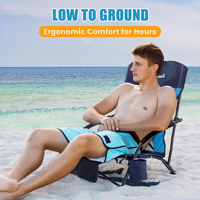 Lamberia Folding Beach Chair for Adults, Portable Low Beach Chairs with 300lbs Capacity, Lightweight Fodable Camping Chair for Travel, Picnic, Concert & Outdoor Activities, Navy Blue