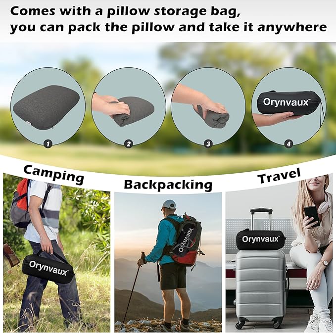 Memory Foam Camping Pillow - Lightweight & Portable Small Travel Pillow for Airplane & Train Travel, Camping, Backpacking, Removable Washable Cover, Easy to Clean, Includes Storage Bag