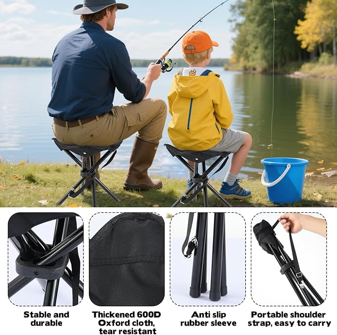 Portable Folding Camping Stool, Travel Fishing Chair Quad Frame Camping Chair Maximum Weight 290 lbs Lightweight Outdoor Folding Garden Chair for Hunting, Hiking, Party, Beach and Painting (Black)