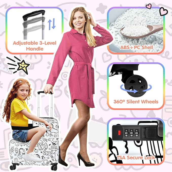 smilesun 20" Kids Ride On Luggage with DIY Coloring, Durable Lightweight Carry On Travel Suitcase with Spinner Wheels, TSA Lock